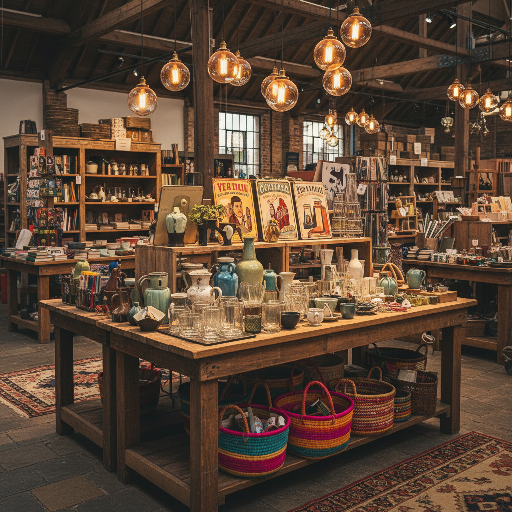 A weathered wooden display table overflowing with a unique assortment of retail treasures, including vintage vases, contemporary glassware, retro tin signs, and colorful handwoven baskets, all arranged with care. The table stands within a spacious, warmly lit indoor market space, surrounded by shelves and crates brimming with hidden finds. Soft overhead pendant lights bathe the scene in a welcoming, golden glow, enhancing the richness of textures and colors. The atmosphere is inviting and evokes a sense of anticipation and discovery. Composition uses an eye-level perspective with sharp focus throughout, emphasizing the bounty and organized chaos. The style is photographic realism with a cozy, eclectic charm that captures the spirit of a community marketplace.
