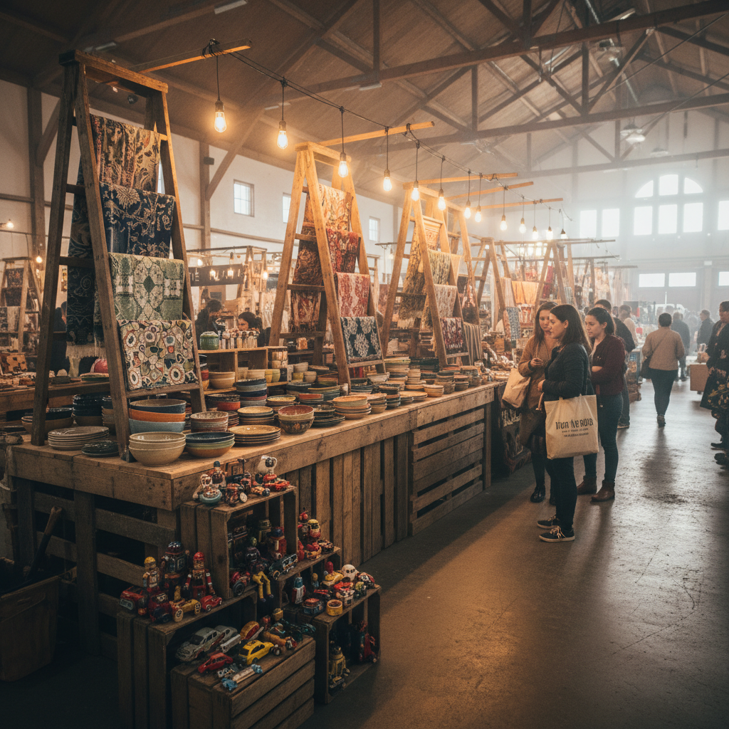 A vendor booth filled with eclectic merchandise: colorful handmade pottery, patterned textiles draped from rustic ladders, and an array of vintage tin toys neatly arranged on staggered wooden crates. The booth is nestled in an open, barn-like market hall with visible wooden beams and concrete flooring. Warm, diffused light from Edison bulbs overhead bathes each object, creating lively reflections and subtle, inviting shadows. The ambiance is energetic and bustling, evoking the excitement of unique discoveries. Framed with an eye-level, wide-angle shot that brings context to both merchandise and surroundings. The visual style features photographic realism with a hint of rustic, artisanal charm, tailored to celebrate the community market experience.
