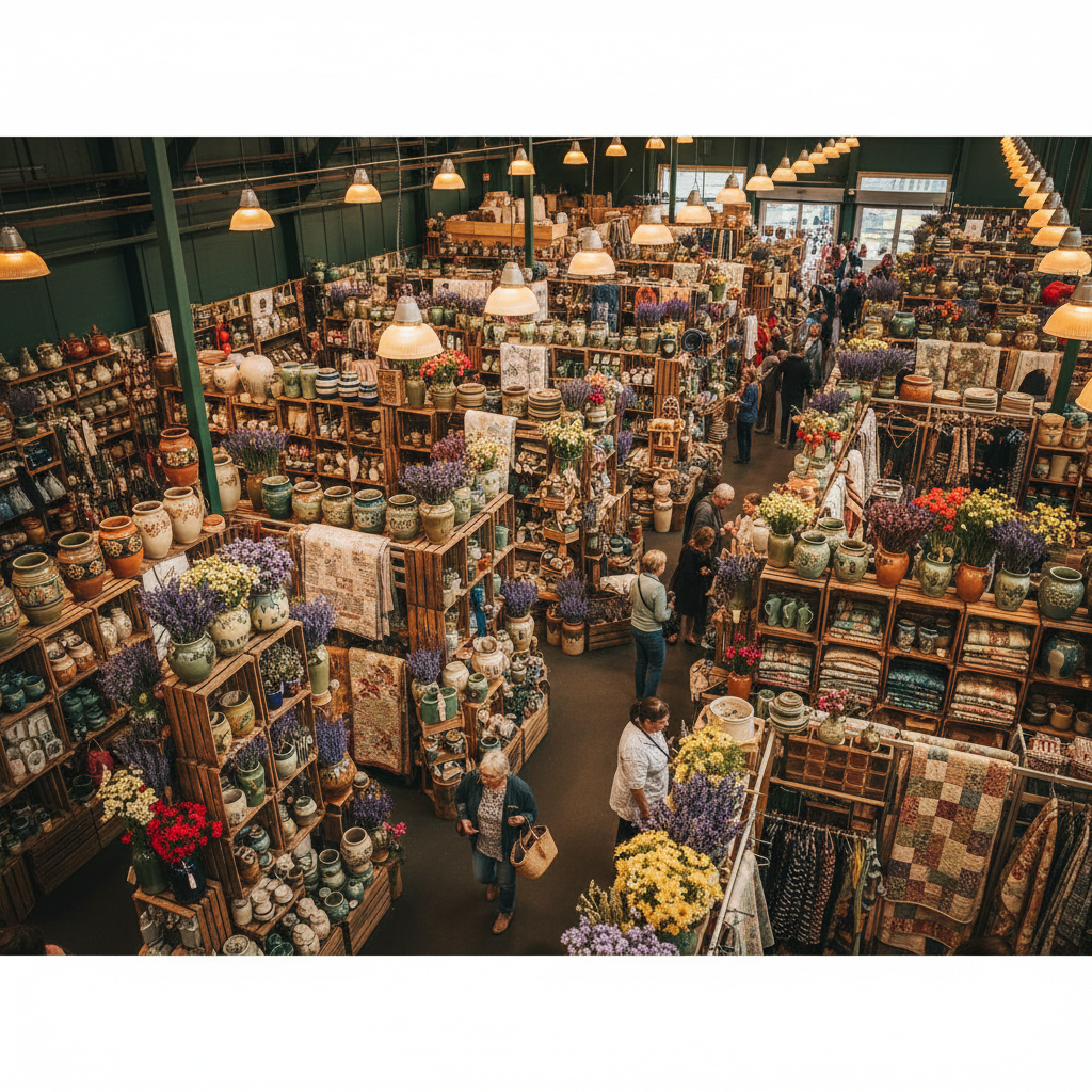 A panoramic interior scene of Stanwood Market, showcasing a labyrinthine layout of narrow aisles lined with overflowing vendor booths. Each booth displays a mix of stacked storage crates, ornate ceramic jars, wildflower-filled mason jars, and carefully folded vintage quilts, creating a vibrant patchwork of textures and colors. Overhead, warm industrial pendant lights cast an even, inviting glow, illuminating the layers of items and casting soft, intricate shadows. The atmosphere is lively yet cozy, filled with the sense of hidden stories and discovery. Captured from a bird's-eye view, the composition uses asymmetrical balance and sharp detail throughout. Artistic style is photographic realism with a playful, market-day energy, capturing the thrill of exploration.