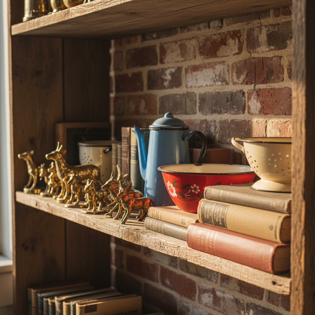 A close-up shot of a distressed wooden consignment shelf densely packed with assorted knickknacks: gleaming brass figurines, vintage enamel kitchenware, and a stack of old hardcover books with textured spines. The shelf sits against a backdrop of exposed brick wall with visible mortar, creating an appealing contrast between rustic and retro elements. Natural afternoon light streams from a nearby window, casting soft highlights and producing gentle, elongated shadows on the items. The mood is nostalgic and inviting, encouraging curiosity. Captured from a slightly elevated angle with selective focus on the foreground objects, the background is gently softened for depth. Artistic style is warm, tactile, and authentic, perfect for embodying the whimsy of treasure-hunt shopping.