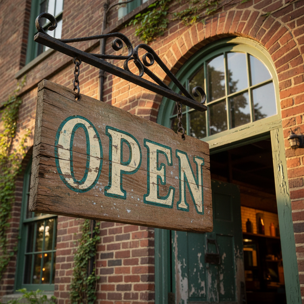 A detailed image of a classic, hand-painted wooden 'Open' sign hanging from a wrought iron bracket above the entrance of Stanwood Market. The sign features bold, vintage-style lettering in rich, faded teal and warm cream, with subtle chips and wear at the edges, hinting at years of welcoming visitors. The background reveals a charming market façade of aged red brick and a partially open, weathered green door. Late afternoon sunlight casts a warm, golden glow, creating soft shadows and highlighting the texture of wood and metal. Captured from a slight upward angle, the composition emphasizes the sign as a beacon of invitation. The mood is welcoming and community-focused, with a balance of realism and nostalgic Americana.